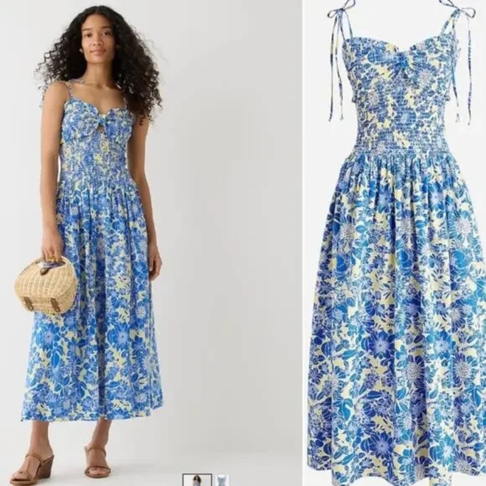 Blue Floral Tie-Shoulder Smocked Midi Dress